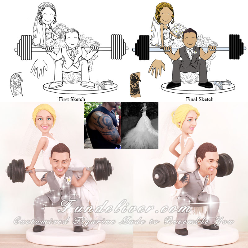 Bride on Top of Barbell Groom Powerlifting Cake Toppers